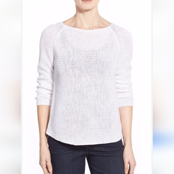 Eileen Fisher Bateau-Neck Organic Linen Open Knit Box Top Sweater Sz L Lagenlook - Picture 1 of 12